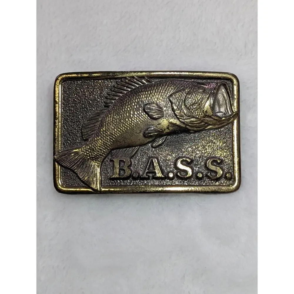Vintage 80s BASS Belt Buckle Bass Anglers Sportsman Society Gold Metal Fishing
